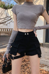 High Waist Cargo Pockets Denim Shorts